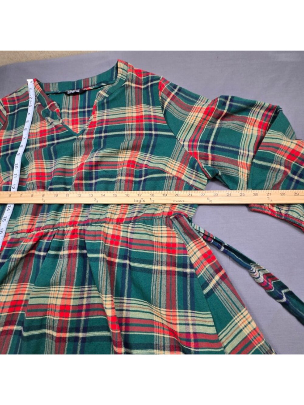 Bloomchic Size 22 24 Plaid Flannel V Neck Belted Long Sleeve Tiered Midi Dress - Picture 7 of 7